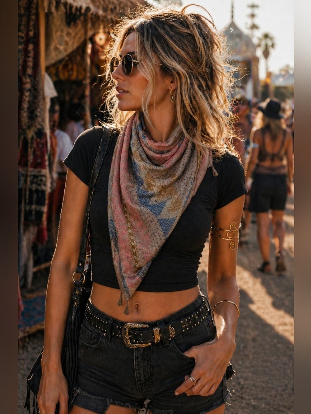 Boho Geometric Scarf Wrap – Pink Blue Tan Lightweight Patterned Shawl